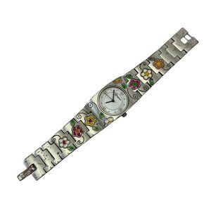 Brighton Martinique Wrist Watch Enamel Flowers Quartz Japan Movement Silvertone
